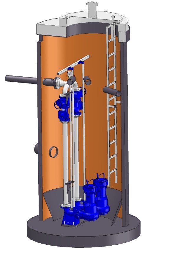 Referenz Vorlagebehälter belüftet Delbrück PE-HD Schacht liegend 1 Entlastungspumpwerk Zeichnung 3D